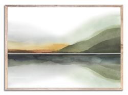 mountain lake art print green mountains watercolor painting neutral landscape abstract watercolor wall art