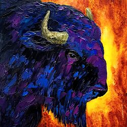 bull painting buffalo original art animal bison art impasto painting colorful wall art small 12" x 12" by colibri art