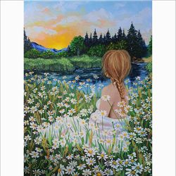 girl painting daisy original art  wisconsin landscape wall art sunrise artwork oil painting canvas art