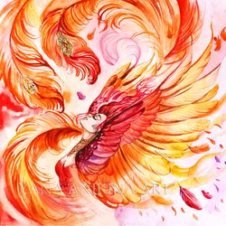 phoenix goddess painting fine art phoenix women original art firebird woman watercolor. made to order