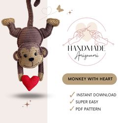 monkey with heart amigurumi doll pattern for your children's, cute amigurumi pattern, doll pattern crochet