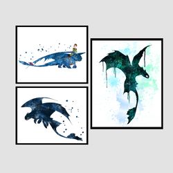 how to train your dragon toothless set disney art print digital files decor nursery room watercolor