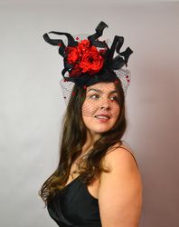 derby hat black, black red fascinator, black red derby hat