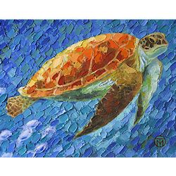 sea turtle painting animal original art ocean painting on canvas art impasto hawaii wall art 12" x 16" by colibri art