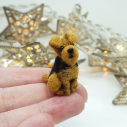 miniature needle felted airedale terrier, tiny dog, dog portrait