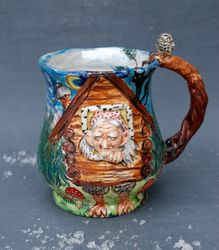 baba yaga large handmade mug, hut on chicken legs multicolored art mug volumetric decor embossed mug,forest witch fairy