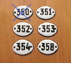 enamel metal apartment number sign: 351 352 353 354 358 - small address door number plaque white black