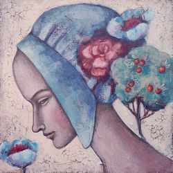 female portrait painting woman's portrait original art woman & flowers original acrylic painting on canvas by 12x12 inch