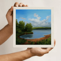 river landscape the river bank painting on cardboard 8x8 inch is painted with oil paints artwork wall art river painting