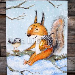 squirrel with acorn, cute painting on canvas