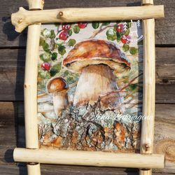 porcini mushrooms and cranberries, birch bark painting