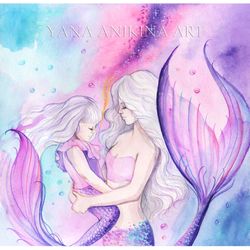 mother daughter mermaid painting mermaid mom and daughter baby art original mermaid mother and child watercolor