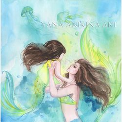 mother daughter mermaid painting mermaid mom and daughter baby art original mermaid mother and child watercolor artwork