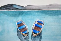 original watercolor painting, two boats, 11 by 14 inches