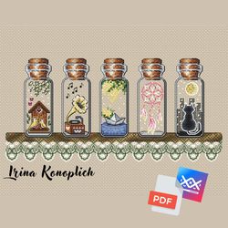 spring shelf cross stitch pattern, bottle cross stitch pattern, xstitch, cross stitch pattern in pdf