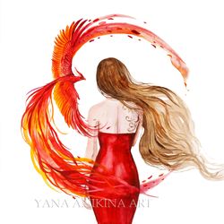 phoenix painting phoenix and woman art original girl and phoenix watercolor firebird artwork. made to order