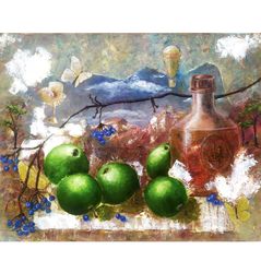 green apples still life original art oil painting fantasy painting landscape canvas 16x20 in