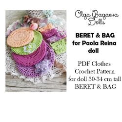 pdf file pattern only beret & bag crochet pattern for dolls 30-34 cm tall 12-13 inch only english