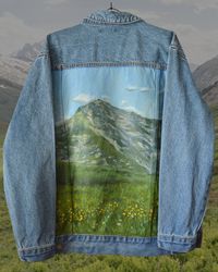 painted jean jacket, hand painted jacket, custom jacket, painted denim jacket, landscape mountain, mountain painting