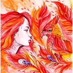 phoenix painting phoenix and woman art original girl and phoenix watercolor firebird artwork. made to order