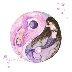 mermaid yin yang painting zen mermaid original art yin yang artwork watercolor. made to order