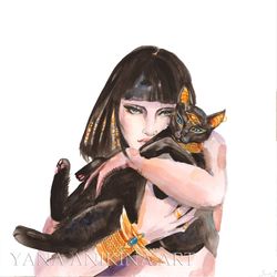 cleopatra painting bastet original art egyptian cat watercolor egyptian goddess artwork egyptian wall art. made to order