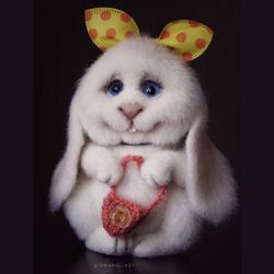 white rabbit, collectible wool toy, handmade, a little fluffy bunny.