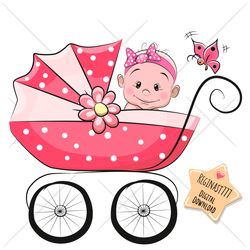 cute cartoon baby girl png, clipart, sublimation design, flowers, baby stroller