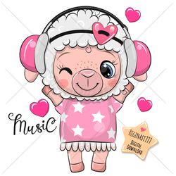 cute cartoon sheep png, headphones, clipart, sublimation design, children illustration, digital clip art