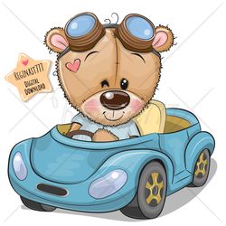 cute cartoon teddy bear png, car, clipart, sublimation design, children printable, illustration