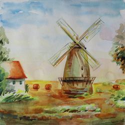 windmill against the backdrop of an autumn german landscape on a sunny day. small original watercolor painting, 8x8 inch