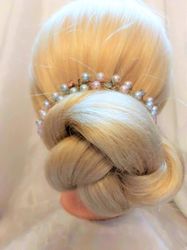 blue and pink wedding hair vine, blue bridal hair piece, wedding headband, blue bridal hair vine with faux pearls