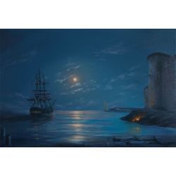 moonlit night in the bay original oil painting on canvas 15,8x23,6in  seascape with a sailing ship in the bay