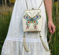 big butterfly hand embroidery textile mini boho bag with tassels