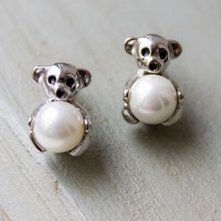 vintage teddy bear earrings silver bear earrings pearl teddy bear studs