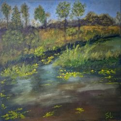 pond oil painting water lilies original art summer day wall art yellow flowers 12x12 inches