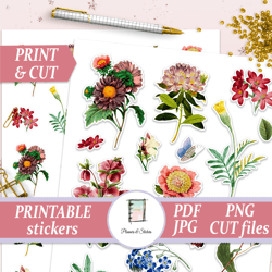 scrapbooking supplies vintage, flowers sticker set, floral die cuts, rose decal, planner kit printable, junk journal