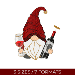 wine gnome, embroidery design, embroidery file, pes embroidery, gnomes embroidery