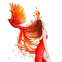 phoenix painting phoenix and woman art original girl and phoenix watercolor firebird artwork. made to order