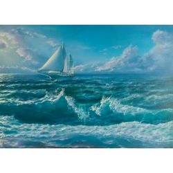 white yacht original oil on canvas handmade seascape 27,5x19,7in