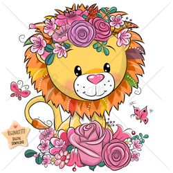 cute cartoon lion png, clipart, sublimation design, children printable, flowers, art