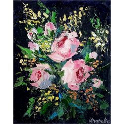 pink roses original oil painting flowers impasto floral artwork