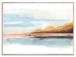 sunrise lake print mountain lake wall art neutral watercolor painting minimalist coastal landscape sky blue and beige