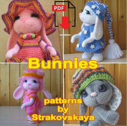 set crochet pattern 4 in 1: bunny roseatte (crochet and knitting), bunny sunny, bunny in beret and bunny in blue