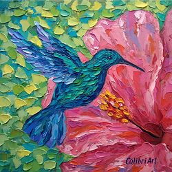 hummingbird painting bird original art flower painting floral hibiscus art impasto small art 10" x 10" by colibri art