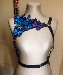 women's genuine leather harness  with butterflies,, leather harness, chest harness, whip and cake