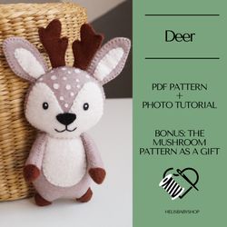 deer felt pattern, woodland animal pdf pattern, sewing deer ornament pdf pattern, forest animals, toys for 1 year old