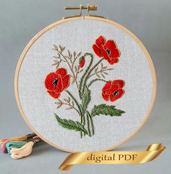 poppy pattern pdf hand embroidery diy, floral design