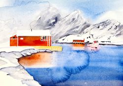 original watercolor painting, fishing house norwegian, 11 by 14 inches.