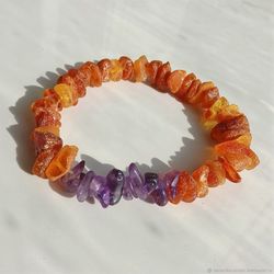 baltic raw amber beads bracelet with healing crystal amethyst raw gemstone bracelet birthstone beaded jewelry bracelet